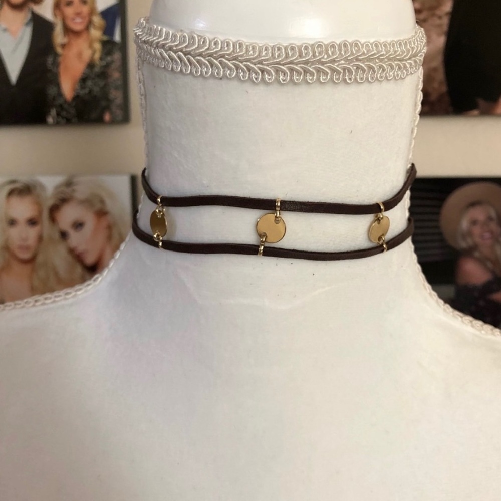 Leather gold coin choker necklace brand new